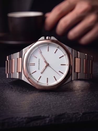 Image of AMERICANVIBER Modern Analog Watch, Silver and Black Two-Tone Stainless Steel Band, Octagonal Case, White Dial for Men