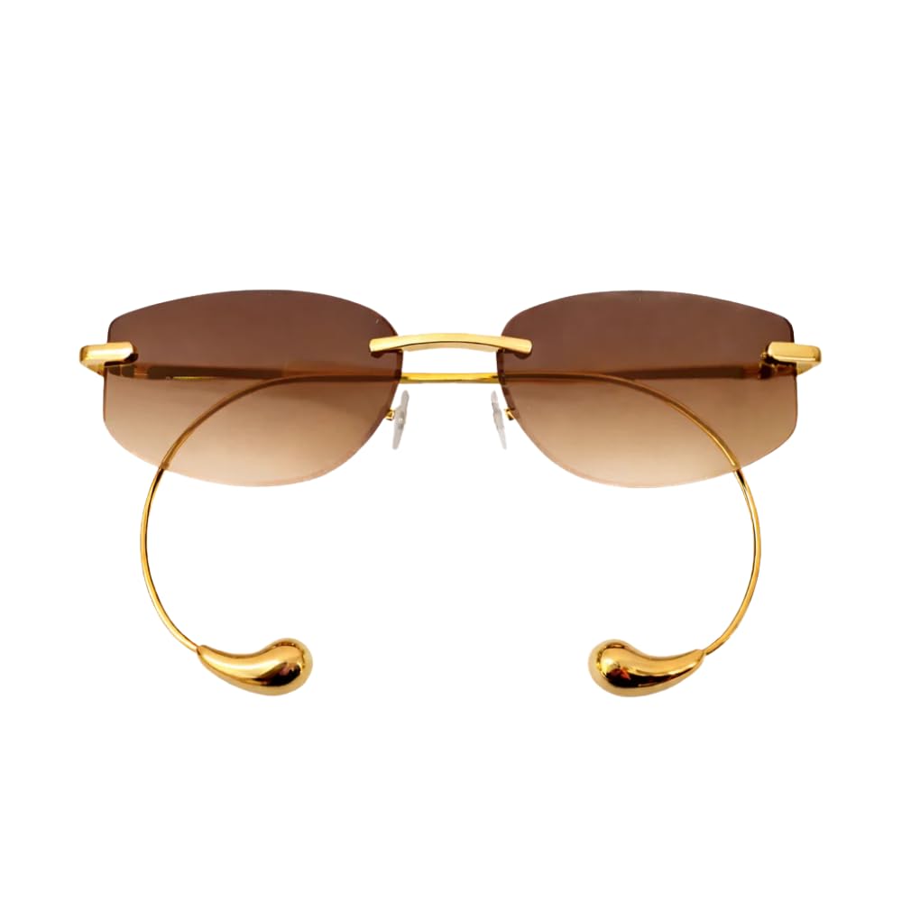 Sunshine DripDrops Rimless Sunglasses with Attached Earrings for Women | Brown Gradient Lens | UV400 Protection | Gold Metal Frame | 22g Lightweight-image-34