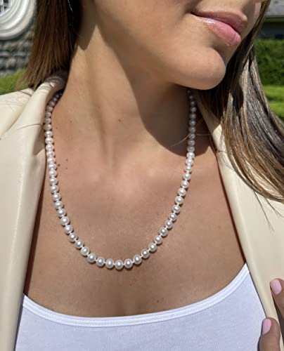 14K White Gold & Yellow Gold, White Freshwater Cultured Pearl 22" Strand Princess Choker Necklace with Clasp - AAA Quality2