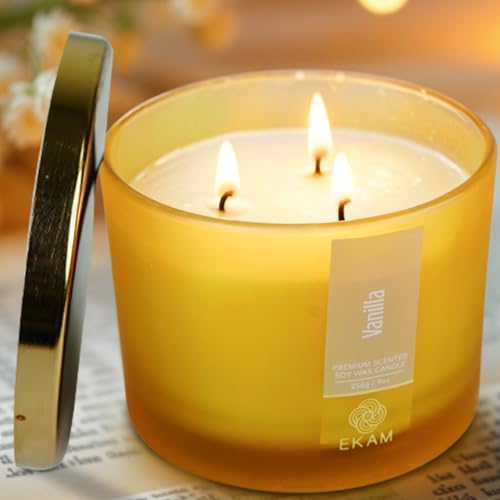 Image of EKAM 3 Wick Soy Wax Scented Candle | Vanilla Fragrance | 35 Hr Burn | Long Lasting Premium Jar Candle for Home Decor, Relaxation & Gifting