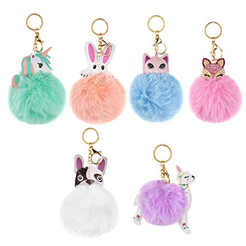 Auear, 6 Pack Cute Animal Pom Pom Keychain Unicorn Rabbit Fox Keychains Ball Faux Fur Fluffy Key Ring For Women Girls Bag Purse Accessories #TOP20
