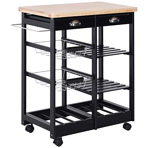 HOMCOM Chariot de service à roulettes desserte de cuisine multi-rangements plateau en bois massif de pin châssis en MDF 74L x 37l x 76H cm noir
