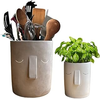 Face Designed Toughed Ceramic Utensil Holders Kitchen or Bathroom - Set of 2 - Natural grey and white