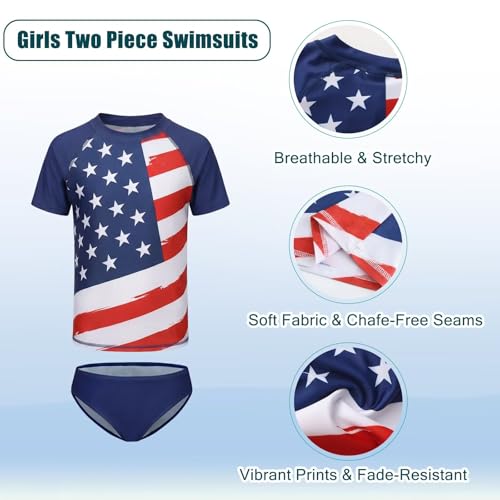 Image of Girls Two Piece Swimsuits Short Sleeve Rash Guard Swim Shirt Bikini Bottom Swim Set Bathing Swim Set Swimwear 3-16 Years