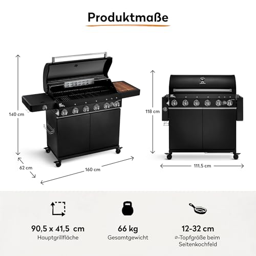 BURNHARD® Gasgrill 6-Brenner inkl. BACKBURNER, 900°C Infrarot-Keramikbrenner, Seitenkochfeld,...