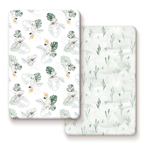 Image of Stretch Ultra Soft Jersey Knit Fitted Pack n Play Playard Sheets Set 2 Pack,Fits Portable/Mini Cribs Sheets, Playards Mattress Pads, Stylish Watercolor Animals for Baby, Mint Green