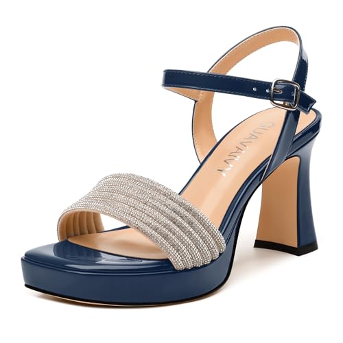 Women's Square Toe Heeled Sandals - Chunky Platform with Rhinestone Strap, Solid Color Ankle Strap Sandals for Work, Parties & Daily Wear
