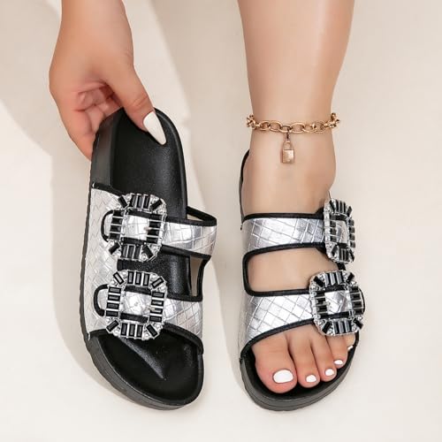 Women's Crystal Buckle Slides Silver Quilted Pattern Double Strap Comfort Sandals Black2
