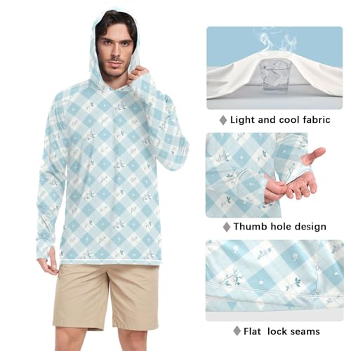 Men Sun Protection Hoodies Long Sleeve UPF 50 + Mens Sun Shirts Fishing Shirt Men UV Rash Guards Teal Gingham Plaid Floral4