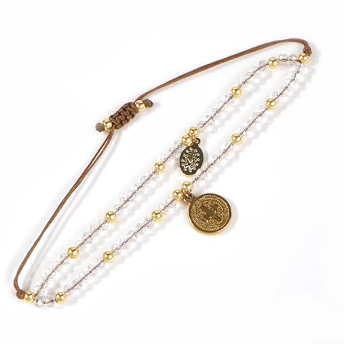 Opalencian Clear Crystal Beads Cross Coin Pendant Drawstring Bracelet for Women,Gold Plated Beaded Bracelets Charm Origin Handmade Fashion Jewelry Gifts