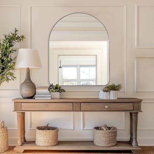 Image of ANDY STAR Arched Mirror, 30 x 36 Inch Polished Chrome Wall Mirror in Stainless Steel Metal Frame, Arch Top Rounded Corner 1 Inch Deep Set Design Wall Mount Hangs Vertical
