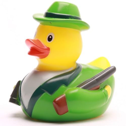 Duckshop Pato de baño, Pato chillón, Divertido Pato de baño Cazador, con Rifle, prismáticos y Cuerno de Caza, Regalo para Todo Cazador, Incl. Llavero de Pato en Juego Amarillo 1 Pieza (Paquete de 1)
