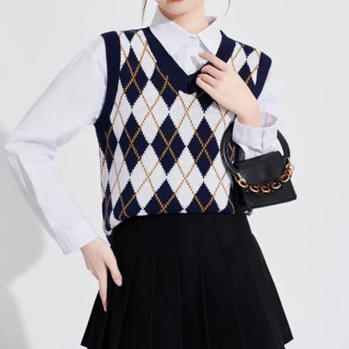 Image of Sweater Vest Women,Sleeveless V Neck Argyle Plaid Long Preppy Loose Knitted Casual School Sweaters Tank Top