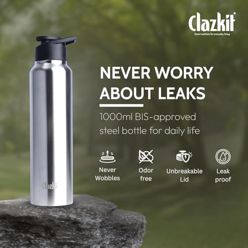 Image of Clazkit Amaze 1000ml Sporty Stainless Steel Water Bottle Set of 6 |ISI Certified | Leakproof, Rust-Free, BPA-Free, Durable for College, Fridge, Sports, Gym, Yoga & Office - Easy to Clean & Reusable