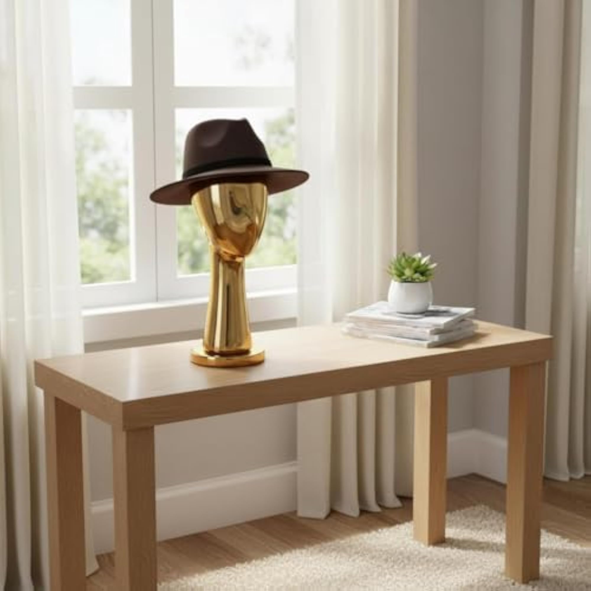 Reflective Metal Hairpiece Head Stand, Gold