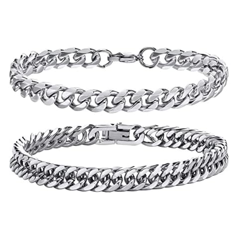 TempBeau Mens Bracelets Curb Chunky Chain : Cuban Bracelet 2 Pack 9mm Silver Hand Chains Stainless Steel Hip Pop Rapper Unisex Jewelry Gift Cover