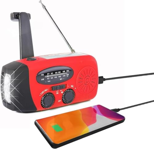 ラジオライト ソーラー/手回し発電 USB充電 スマホ充電 非常用照明器具 災害用 防水 コンパクト 大容量2000mAh 懐中電灯 AM/FM対応 SOS緊急警報 防災グッズ 地震 震災 津波 台風などの緊急対策 (赤い)