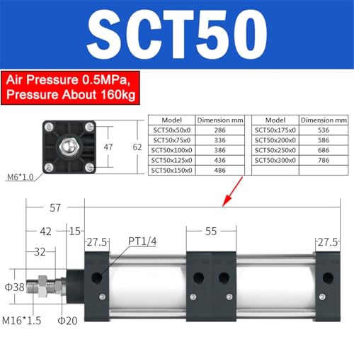 Vérin pneumatique double poussée SCT50 course 175mm multi-positions pour machine