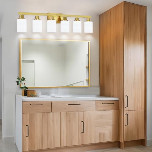 Image of 6 Light Gold Bathroom Vanity Light Bathroom Light Fixture 36.8in | White Frosted Ribbed Glass Shade Modern Brushed Gold Vanity Lighting Fixtures over Mirror Gold Sconces E26 Base