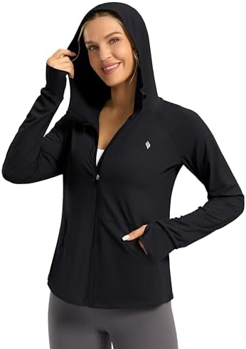 SANTINY Women's UPF 50+ UV Jacket – Lightweight Zip‑Up Hoodie for Hiking & Running, Summer Sun Protection (Black)