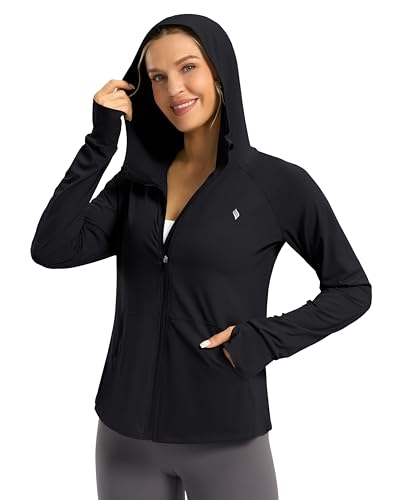 SANTINY Women's UPF 50+ UV Jacket – Lightweight Zip‑Up Hoodie for Hiking & Running, Summer Sun Protection (Black)