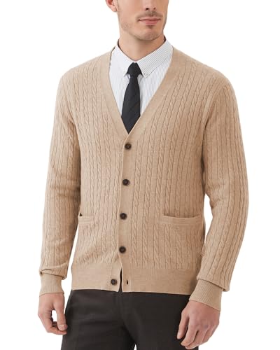 Image of Kallspin Men’s Wool Blend Cardigan Sweater Cable Knit V Neck Button Front Casual Knitwear Jumper(Coffee, Large)