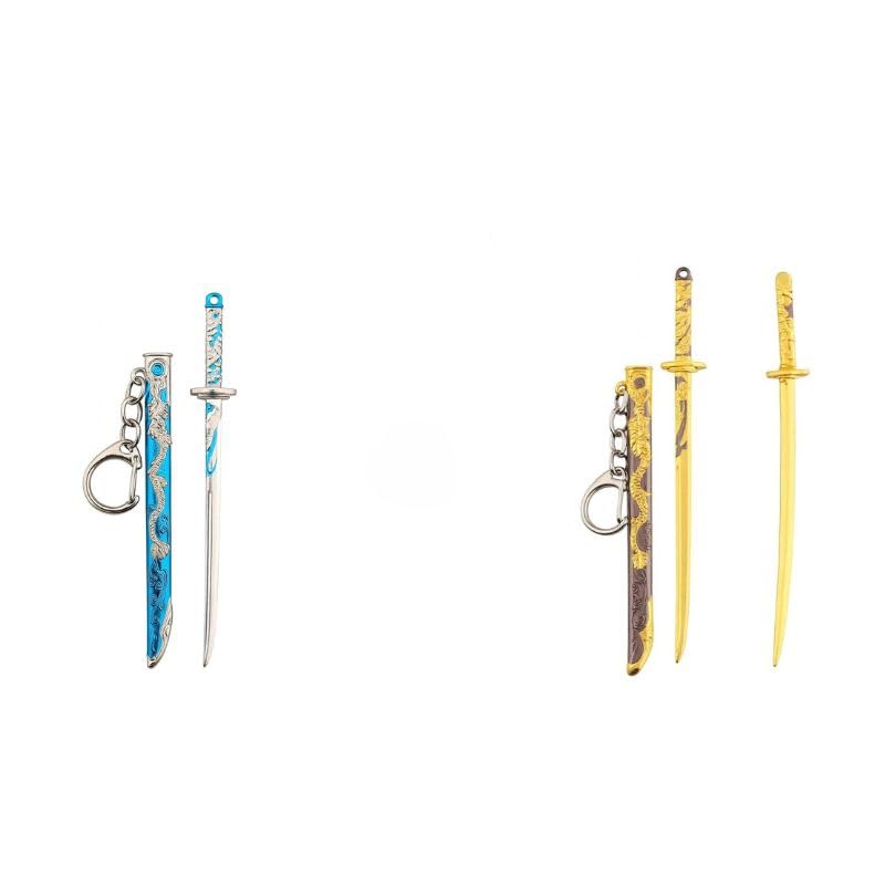 Emir&Odin Katana Sword Keychain 2 Pack Animation Sword Alloy Model-Sword with Matching Scabbard Japanese Demon Slayer Sword Samurai (Blue White and Gold 2 Pack)