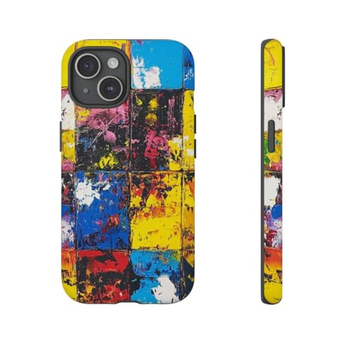 Coque iPhone 15 rigide mate avec peinture à grille colorée abstraite jaune