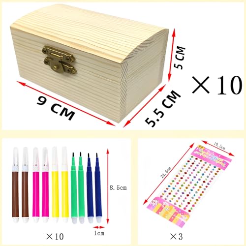 TFSZE 10 Stück Mini Schatztruhe Schatzkiste Holzbastelsets für Kindergeburtstag Holzkiste,DIY Kleine Holzkiste mit Deckel,diy mini holzkiste mit Diamantaufkleber für Bemalen und Basteln Geburtstags