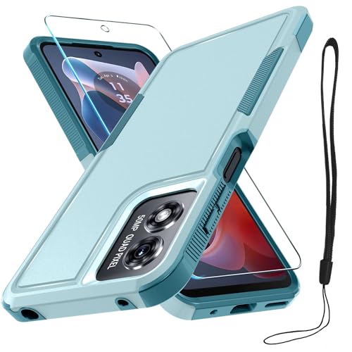 RMOCR Case Compatible with Moto G Play 2024, Full Body Heavy Duty Rugged Shockproof Protective Phone Cover with Lanyard Strap,Tempered Glass Screen Protector,Mint Green