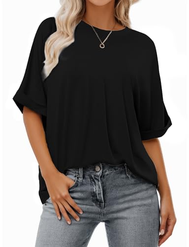 T-shirt surdimensionné pour femmes Buauty haut amples à col rond noir taille S