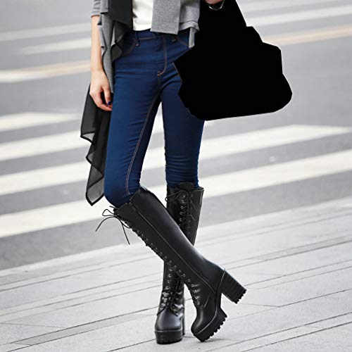 Image of Parisuit Women's Knee High Goth Platform Boots Lace Up Combat Boots | Chunky High Heel, Buckle Boots, Punk Chain Boots