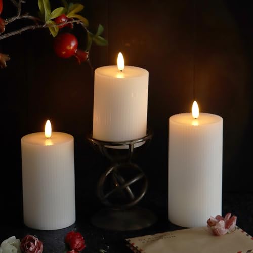 Image of 3 Pack Wax LED Flameless Candles with Remote Real Wax Battery Operated Electric Pillar Candle Set with Vertical Stripes 3D Black Wick for Home Party Wedding Decorations, White, D 3 x H 4 /5 /6 inch