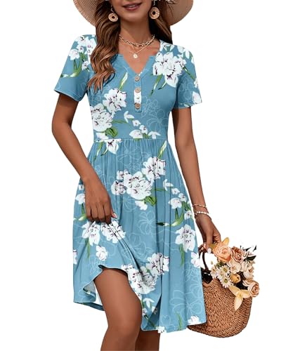Image of WNEEDU Women V Neck Button Down Empire Waist Midi Summer Dress with Pockets