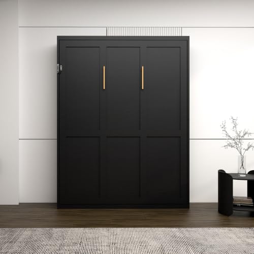 Image of KEIKI Queen Size Vertical Cabinet Murphy Bed with Solid Slats, Black | Multifunctional Foldable Hideaway Wall Metal Bed Frame, No Box Spring Needed, Easy Assembly, for Bedroom, Guest Room