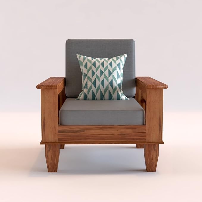 Image of Sheesham Wooden 1 Seater Sofa for Living Room | Rosewood 1 Seater Cushion Sofa with Side Newspaper Holder for Home & Office | Solid Wood Sofa Set for Lounge (Honey Finish)