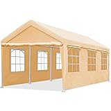 Quictent 10'x20' Heavy Duty Carport Gazebo Canopy Garage Outdoor Car Shelter Beige (with Windows)