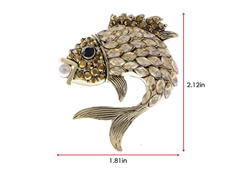 Image of Alilang Women's Gold Toned Gunmetal Champagne Rhinestone Crystals Faux Pearl Fish Lapel Pin Brooch