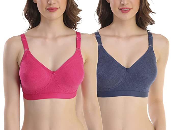 Image of SKDREAMS Blue & Brown & Purple-32D Cotton Blend Seamless Non Padded Non-Wired Full Coverage Pack of 3 Women T-Shirt Bra Combo