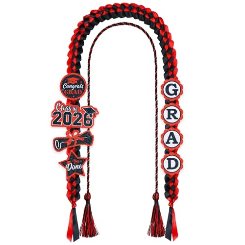 JOTFA Graduation Leis 2026 and Graduation Cords, Graduation Money Leis with 8 Graduation Glitter Patches for Graduation Party Decorations (Red & Black)