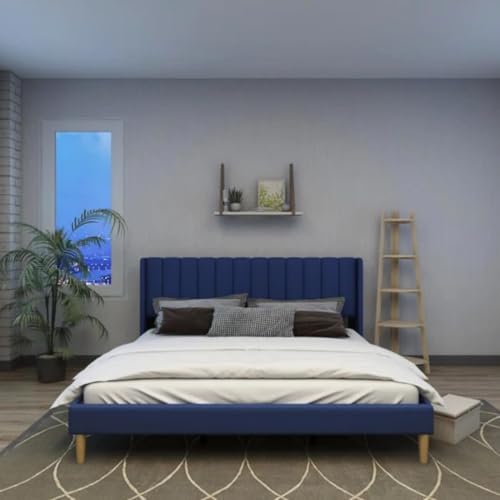 Image of Low Profile Upholstered Platform Bed with Winback Headboard | Bed Queen Size | Bed for Bedroom, Living Room | Bed Without Storage | Mattress not Included | Fabric Color:- Blue
