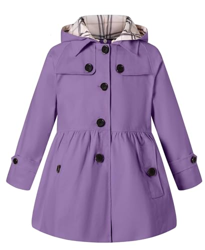 Image of BINPAW Big Girls Hooded Trench Coat Long Sleeve Jacket Lightweight Casual Outerwear, Purple, Age 13-14 Years = Tag 170