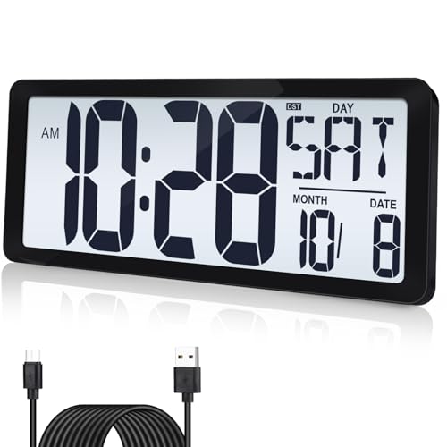 Image of 15 Inch Large Rechargeable Digital LCD Wall Clock with Backlight Glow in the Dark,Night Light Wall Clock with Week,Date & Temperature,DST,Alarm Display for Living Room, Bedroom, Gift for Elderly