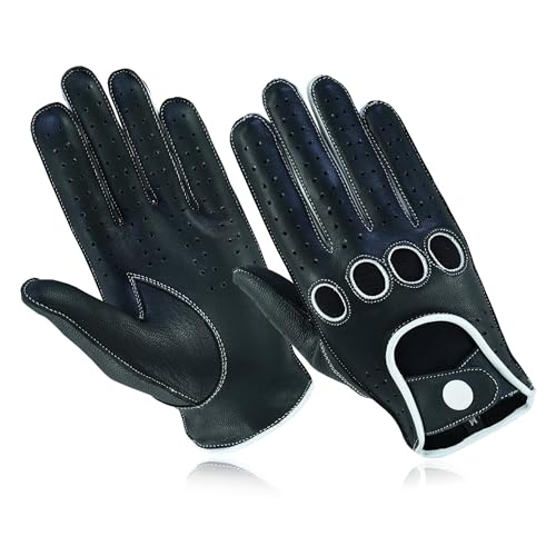 Image of Swift Wear Men's Classic Genuine Real Soft Leather Chauffeur Driving Gloves Reverse Stitch Gloves (Black/White, XL)