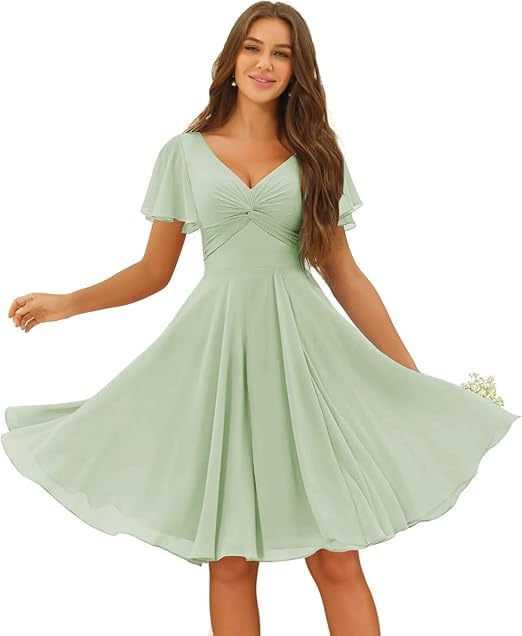 JIIL Abendkleider Langarm Damen Chiffon Knielang Brautjungfernkleider V-Ausschnitt Formal Hochzeit A-Linie Abendkleid Mit Taschen Weise Grün A 44