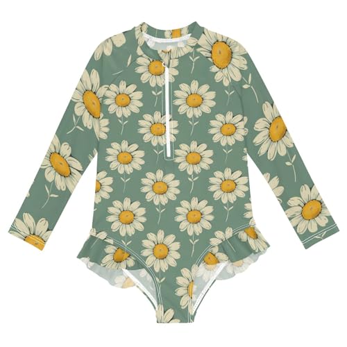 Girls One Piece Swimsuits Long Sleeve Swimsuit Zipper Bathing Suits Daisy Green Yellow Flower