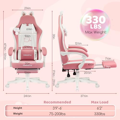 Image of Gaming Chair, Pink Video Game Chairs for Adults with Cat Ears Pocket Spring Cushion Massage Lumbar Support & Headrest, Ringing Accessories Cute Leather Ergonomic Computer Chair for Girls, Pink /White