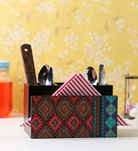 Image of Wooden Utensils Cutlery Holder I Countertop Organizer - Spoon Fork Knife Napkin Tissue Paper I Home & Kitchen I Size 7 inch X 5 inch X 4 inch I Kilim,Multicolor