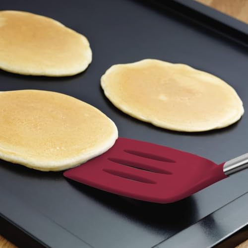 Image of Tovolo Silicone Cooking Utensil Set of 6 Stainless Steel Handle Ladle Slotted Turner Tongs Flex Core Spatula Scraper Mixing Spoon & Potato Masher, Dishwasher Safe BPA Free Utensils, Cayenne Red