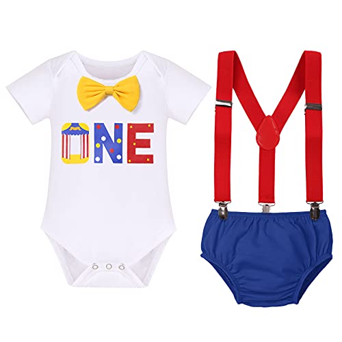 Ibtom Castle Circus Carnival Theme 1St Birthday Cake Smash Outfit For Baby Boy Suspenders Bowtie Hat Photo Props Costume Blue 1T #TOP1